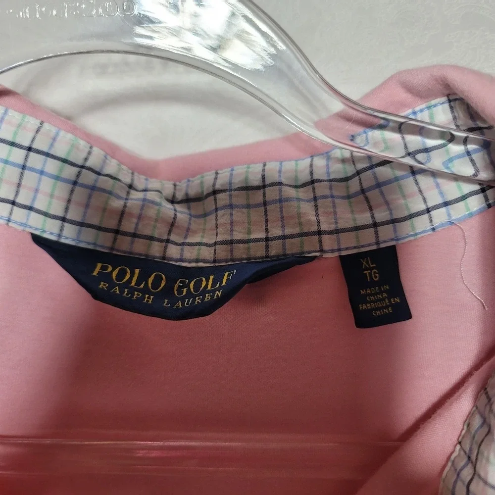 Polo Golf Ralph Lauren Mens XL Pink Short Sleeve Plaid Trim Polo Shirt